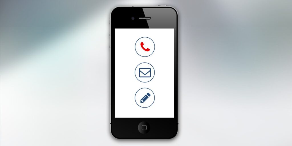Mobiele telefoon met symbolen telefoon, envelop en potlood. Contact.